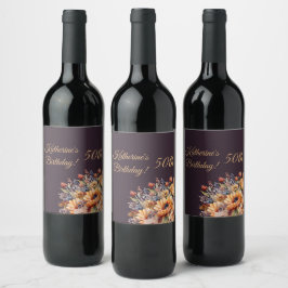 Etiqueta Para Botella De Vino Flores de otoño acuáticas de cumpleaños-moradas