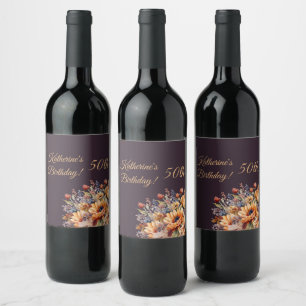 Etiqueta Para Botella De Vino Flores de otoño acuáticas de cumpleaños-moradas