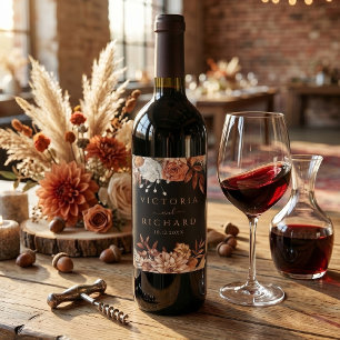 Etiqueta Para Botella De Vino Flores de Terracota Oxidadas Otoño Bodas Negras