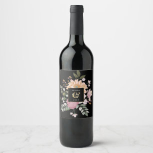 Etiqueta Para Botella De Vino Flores de verano en Boda negro