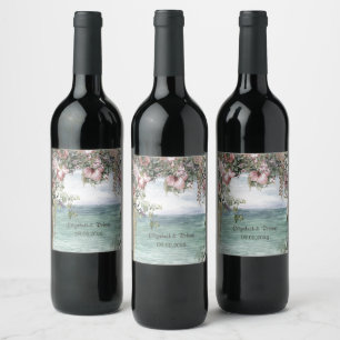 Etiqueta Para Botella De Vino Flores Elegantes Boda Oceánica