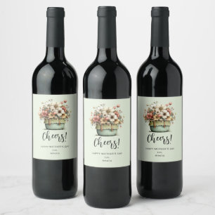 Etiqueta Para Botella De Vino Flores en maceta estilo shabby chic Día de la Madr
