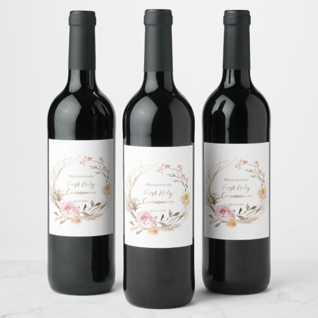 Etiqueta floral de vino de primera comunión / Favor de la Sagrada