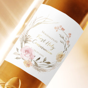 Etiqueta Para Botella De Vino flores rosadas beige Primera comunión sagrada