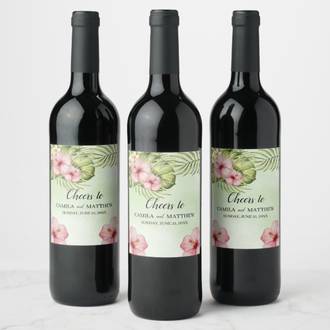 Etiqueta Para Botella De Vino Flores rosadas exóticas (Botellas)