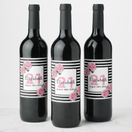 Etiqueta Para Botella De Vino Flores rosadas rayas blancas negras cumpleaños 21