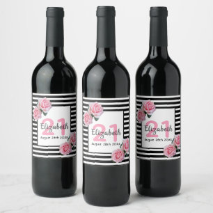 Etiqueta Para Botella De Vino Flores rosadas rayas blancas negras cumpleaños 21