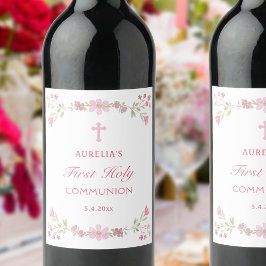 Etiqueta Para Botella De Vino Flores rosas, primera comunión sagrada
