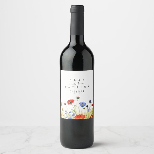 Etiqueta Para Botella De Vino Flores silvestres de pradera primaveral (Anverso)