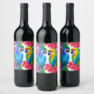 Etiqueta Para Botella De Vino Flores tropicales con loros coloridos
