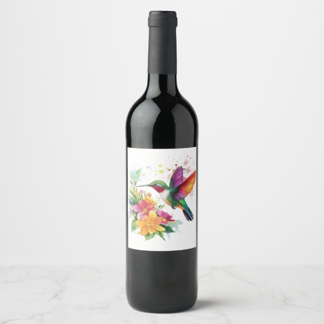 Etiqueta Para Botella De Vino Flores tropicales de colibrí (Anverso)