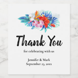 Etiqueta Para Botella De Vino Flores Tropicales Exóticas en Rosa y Aqua para Bod