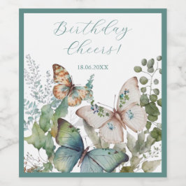 Etiqueta Para Botella De Vino Flores verdes románticas y mariposa