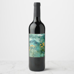 Etiqueta Para Botella De Vino Flores virales de paisaje verde suave
