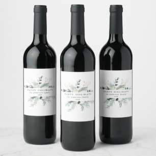 Etiqueta Para Botella De Vino Flower Evergreen y Cotton Felices Fiestas Elegante