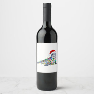 Etiqueta Para Botella De Vino Foca festiva cubierta de luces de Navidad