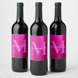 Etiqueta Para Botella De Vino Foil de Monograma de Firma Rosa Brillante