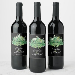 Etiqueta Para Botella De Vino Foliage tropical en Boda negro