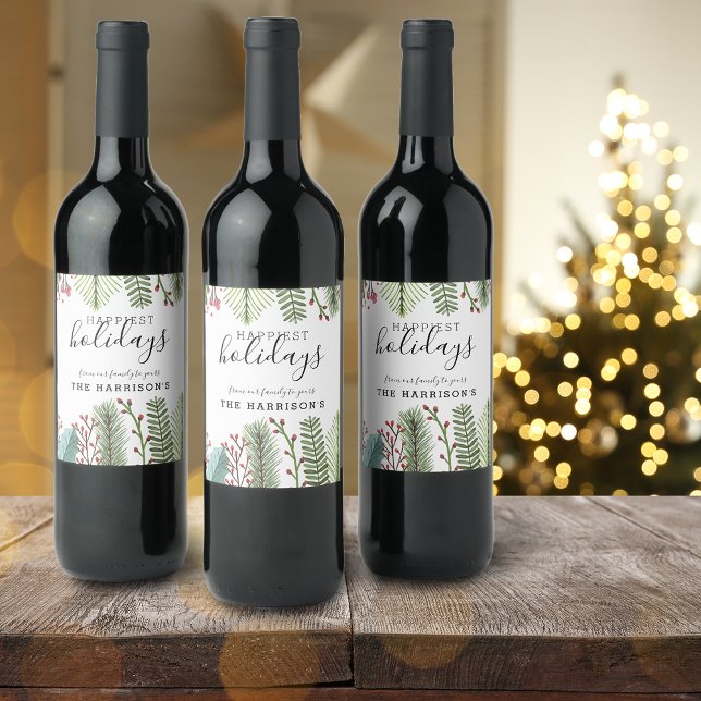 Etiqueta Para Botella De Vino Follaje Navideño Personalizado (Holiday Foliage Christmas Personalized Wine Label)