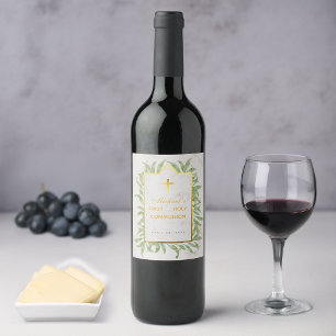 Etiqueta Para Botella De Vino Follaje para Primera Comunión Cruz Falsa de Oro Bo