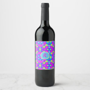 Etiqueta Para Botella De Vino Fondo con patrón de flores rosas azules y amarilla
