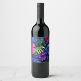 Etiqueta Para Botella De Vino Fondo de hojas tropicales de Monstera neón vibrant