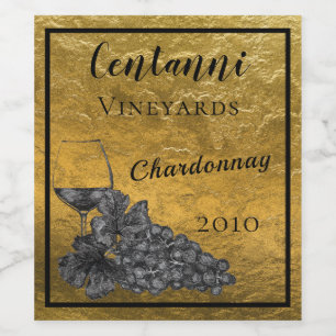 Etiqueta Para Botella De Vino Fondo del oro de las uvas de la copa de vino de la
