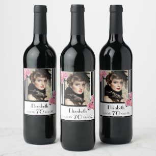 Etiqueta Para Botella De Vino Foto 70 cumpleaños franjas blancas negras florales