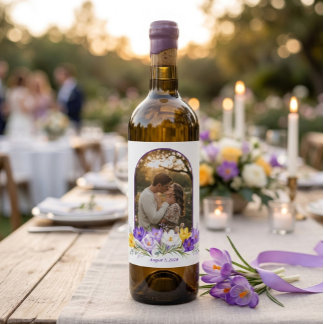 Etiqueta Para Botella De Vino Foto de Arco de Crocus Amarillo Púrpura Boda Flora