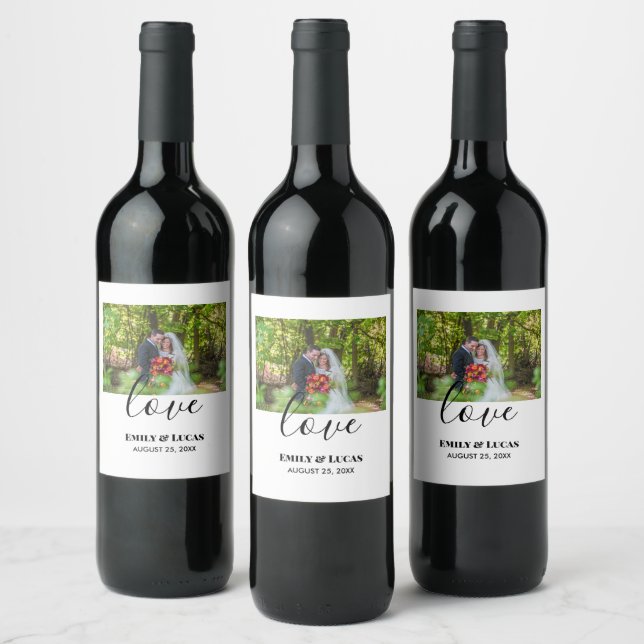 Etiqueta Para Botella De Vino Foto de boda personalizada Caligrafía simple elega (Botellas)