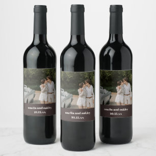 Etiqueta Para Botella De Vino Foto de boda personalizada retro marrón otoño negr