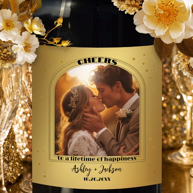 Etiqueta Para Botella De Vino Foto de Cheys Gold Confetti (A stylish (wedding) wine label featuring a festive gold design with sparkling confetti.)