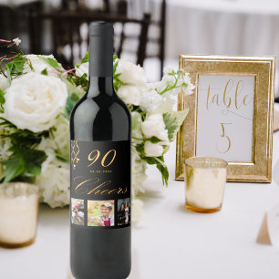 Etiqueta Para Botella De Vino foto de cumpleaños 90 negro oro brindis