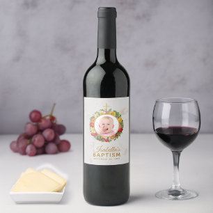 Etiqueta Para Botella De Vino Foto de mármol de bautizo de niña en corona floral