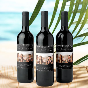 Etiqueta Para Botella De Vino Foto de mejores amigos con brillo plateado negro