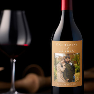 Etiqueta Para Botella De Vino Foto de pareja de boda otoñal en oro rústico