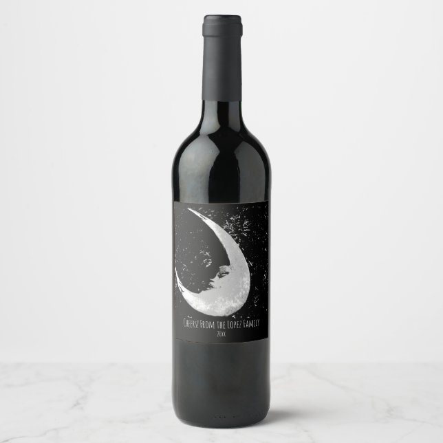 Etiqueta Para Botella De Vino Foto lunar, negro y blanco (Anverso)