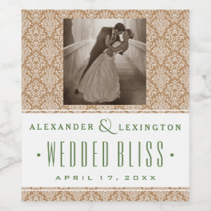 Etiqueta Para Botella De Vino Fotografía con Damask Natural y Green Boda