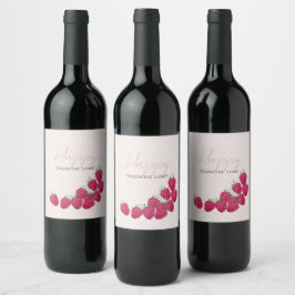 Etiqueta Para Botella De Vino Frambuesas Acuarela Feliz Día de San Valentín