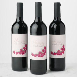 Etiqueta Para Botella De Vino Frambuesas Acuarela Feliz Día de San Valentín