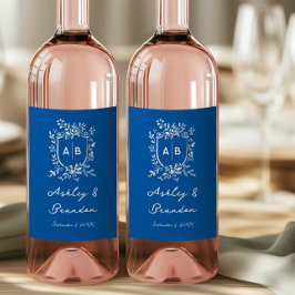 Etiqueta Para Botella De Vino French Blue Whimsical Floral Monogram Crest 