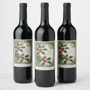Etiqueta Para Botella De Vino Frutas rojas de acebo en Navidad