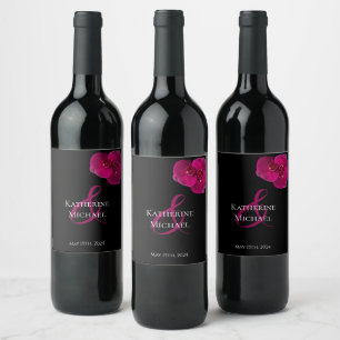 Etiqueta Para Botella De Vino Fuchsia moderna-negra y Boda blanco-