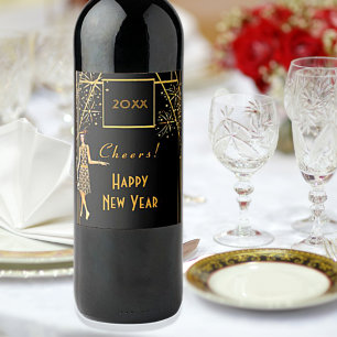 Etiqueta Para Botella De Vino Fuegos artificiales de oro negro en Nochevieja de