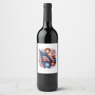 Etiqueta Para Botella De Vino Fuegos Artificiales Patrióticos Bandera de EE. UU.