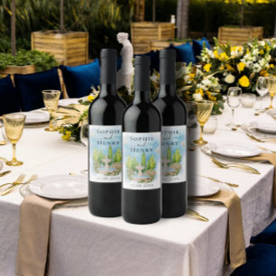 Etiqueta Para Botella De Vino Fuente elegante   flores palomas Boda Lujo