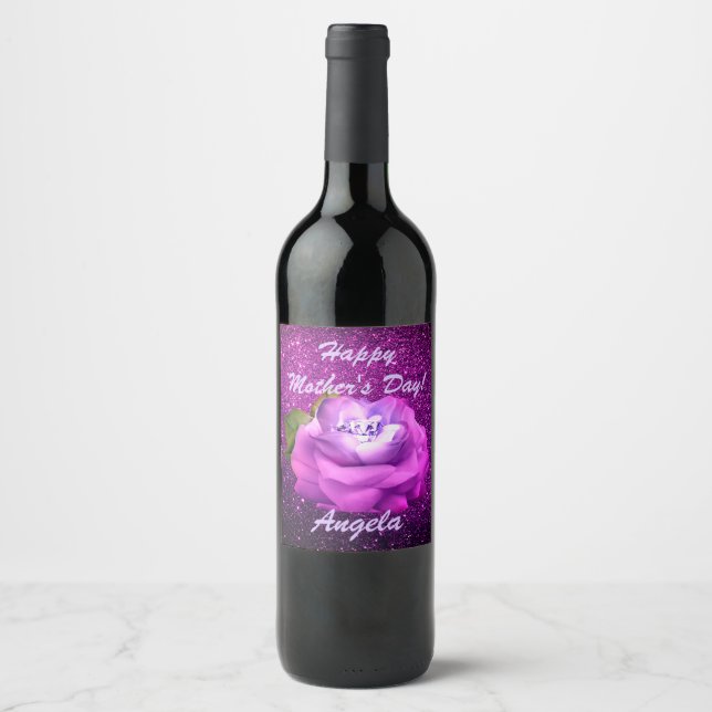 Etiqueta Para Botella De Vino Fuschia Diamond Rosa Faux Purpurina (Anverso)