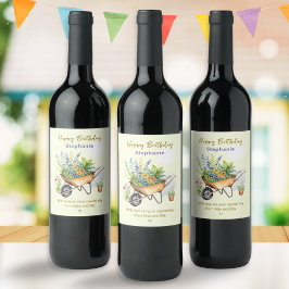 Etiqueta Para Botella De Vino Garden Wheelbarrow Happy Birday Personalizado