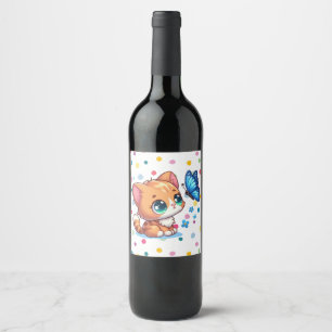 Etiqueta Para Botella De Vino Gatito/gato y mariposa