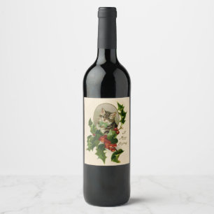 Etiqueta Para Botella De Vino Gatito Victoriano de Navidad en Tabby Antiguo de A